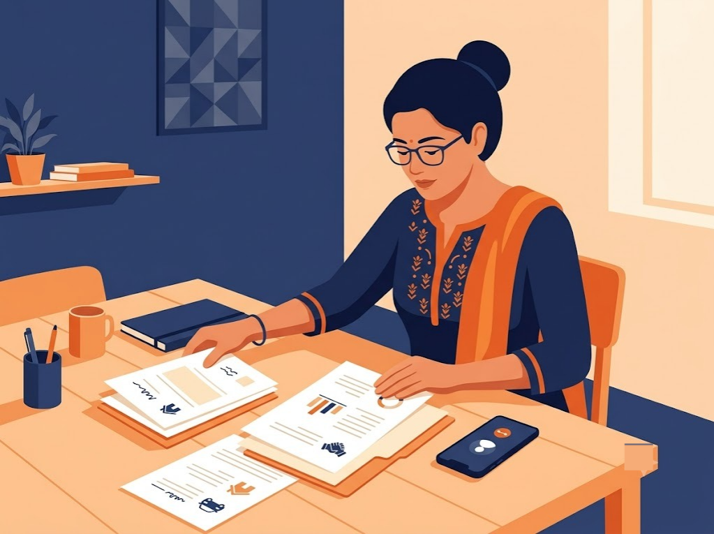 Person organising loan documents before a financial counseling call