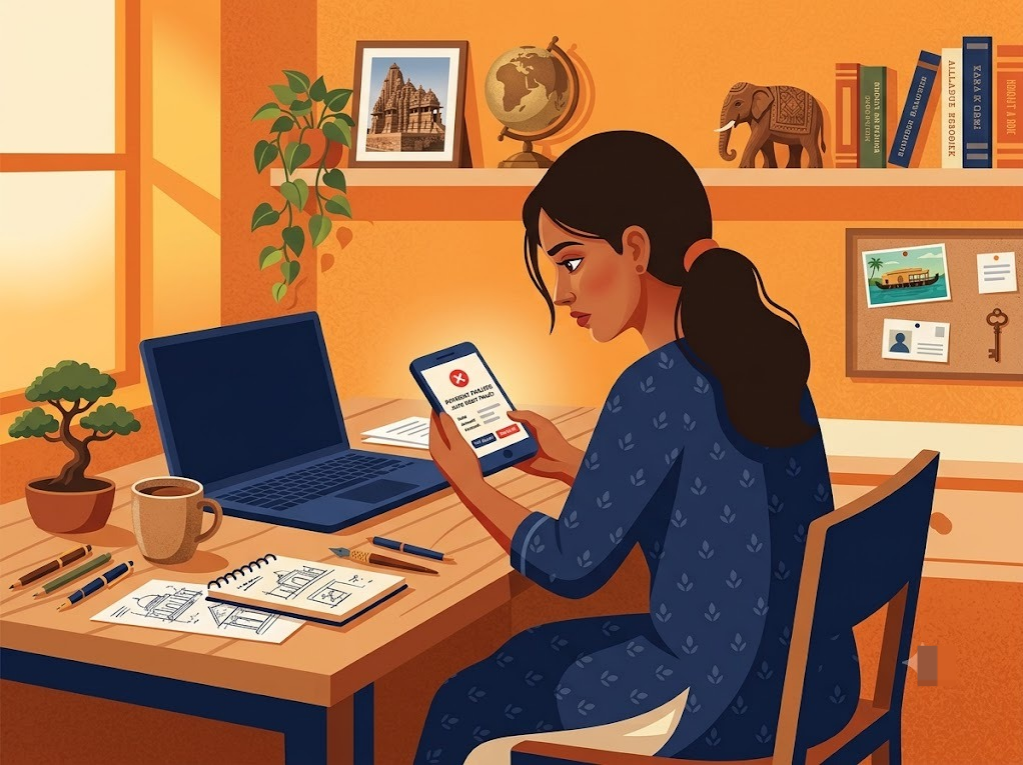 Indian woman checking bank auto-debit failure notice on phone, CIBIL score concern
