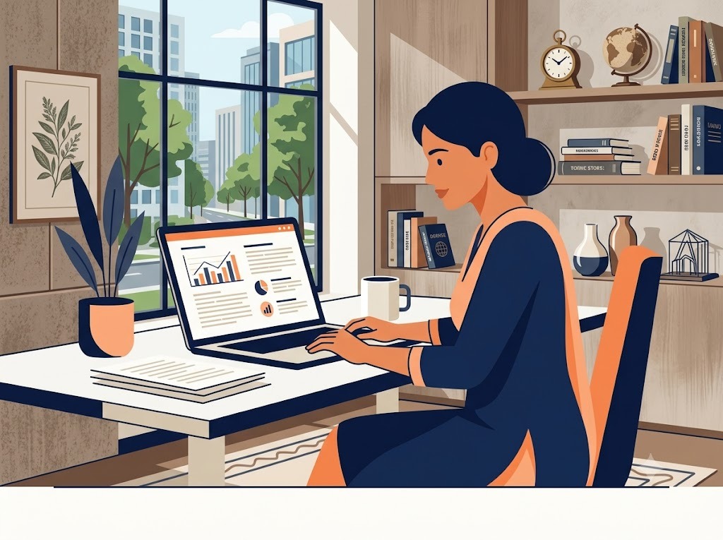 Indian woman reading about 2021 RBI loan relief scheme on laptop