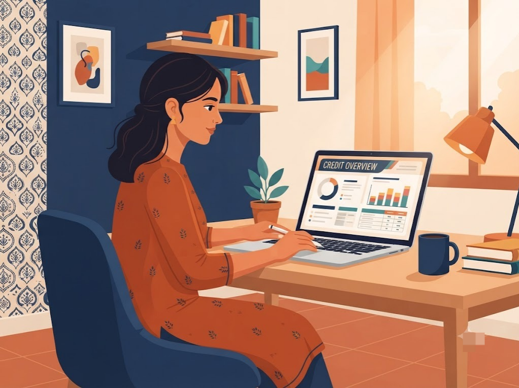 Indian woman reviewing her CIBIL credit report on a laptop