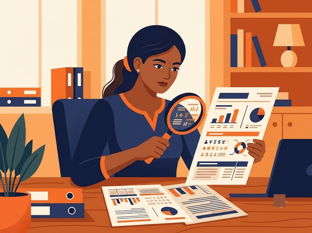 Person reviewing sections of a printed credit report with a magnifying glass icon