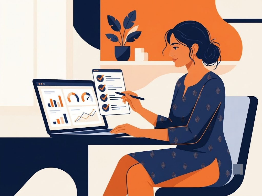 Indian woman reviewing credit score recommendations before applying for a card