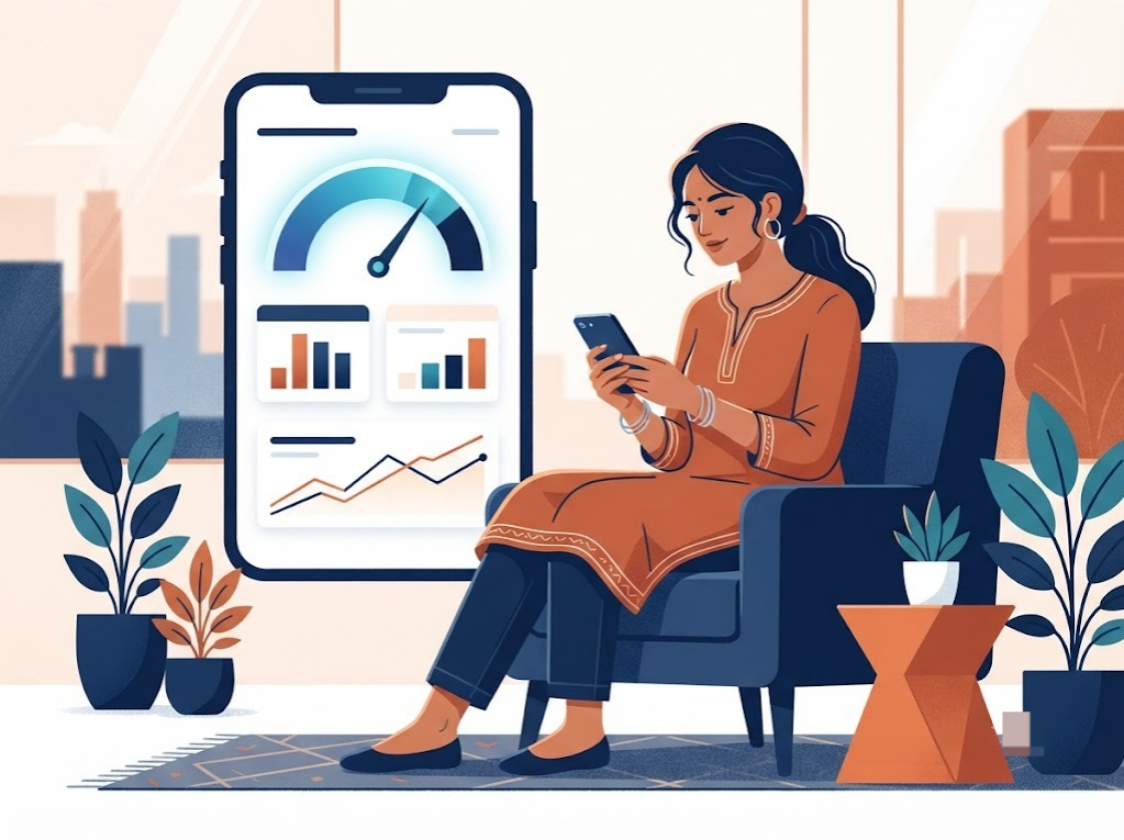 Indian woman reviewing her credit score dashboard on phone