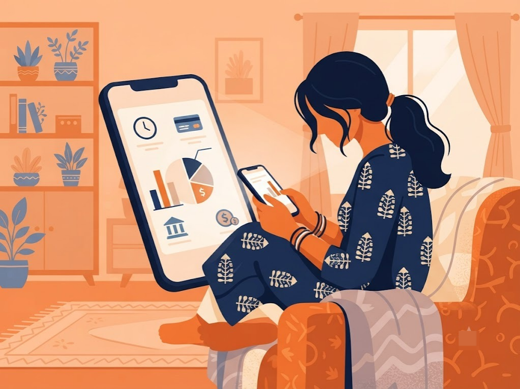 Indian woman reviewing credit score factors breakdown on phone