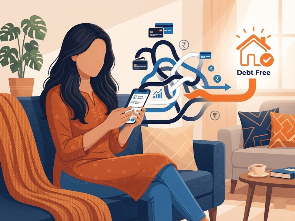 Indian woman reviewing debt consolidation options to escape credit card minimum due trap