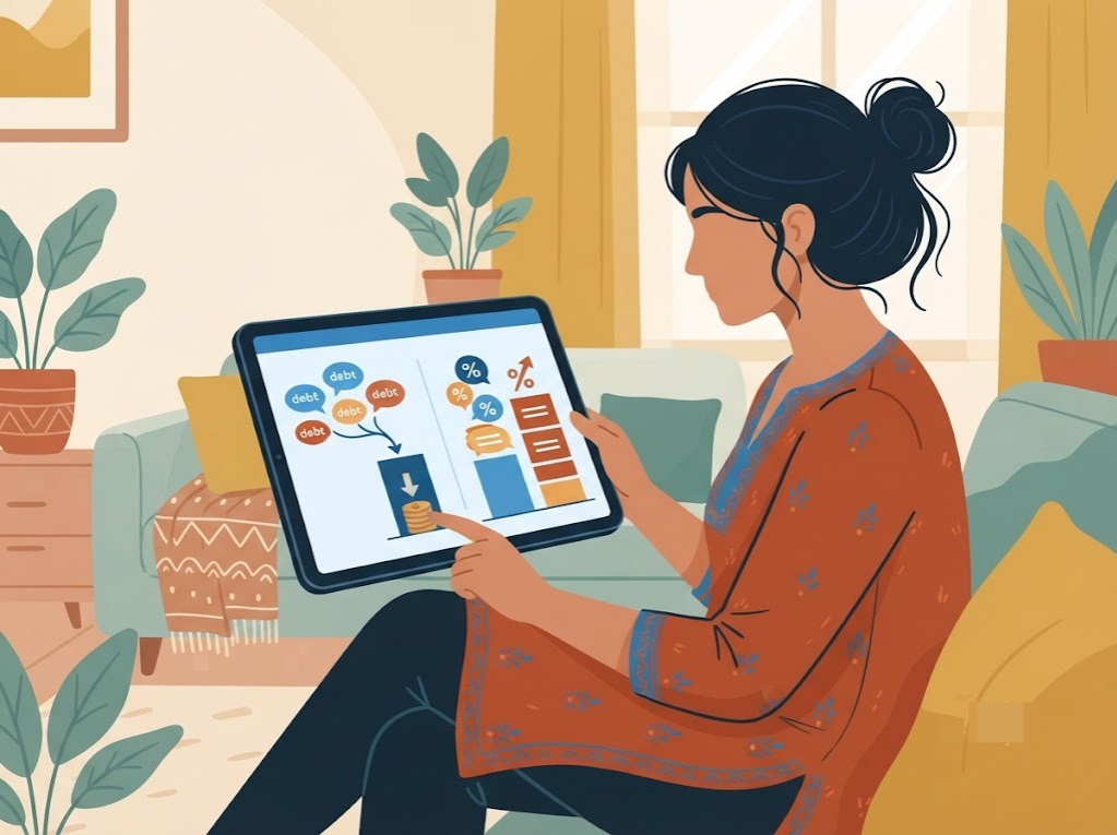 Indian woman reviewing debt consolidation option separate from new loan choices