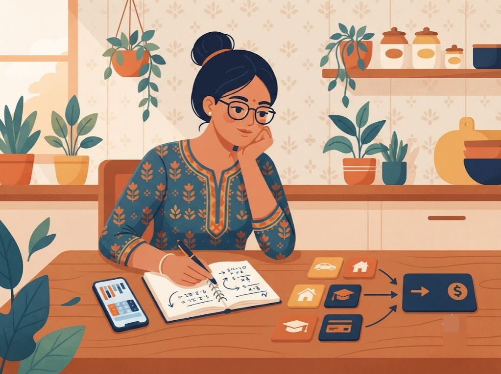 Indian woman reviewing multiple loan EMIs before deciding on debt consolidation