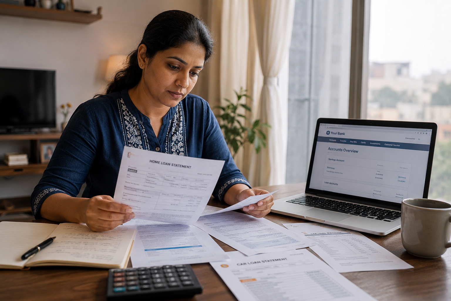 Salaried woman in India reviewing multiple bank loan EMI statements, planning debt consolidation, FREED guide
