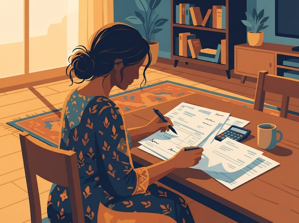 Indian woman reviewing multiple credit card bills at home table