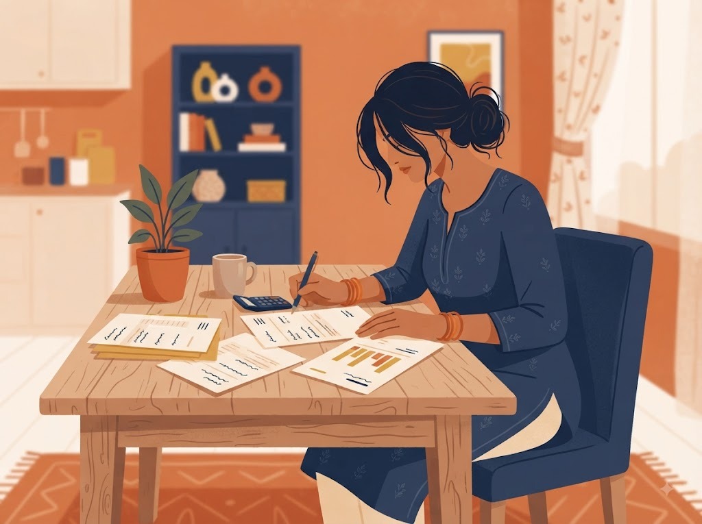 : Indian woman reviewing multiple credit card bills at home table