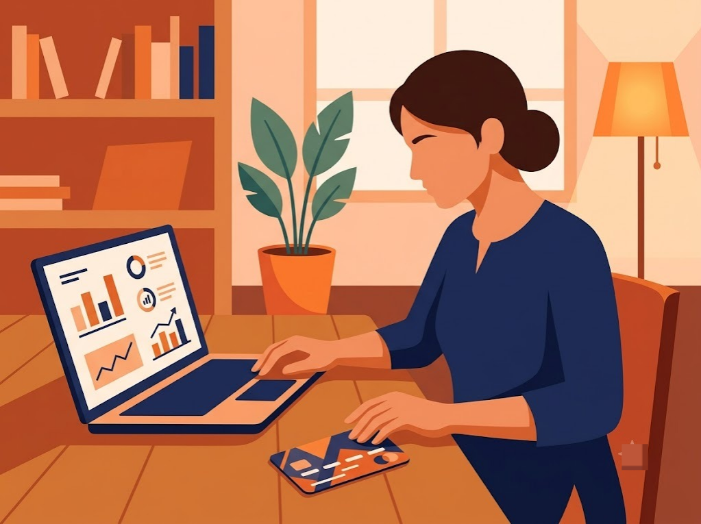 Indian woman tracking her credit card usage to reach a 780 CIBIL score