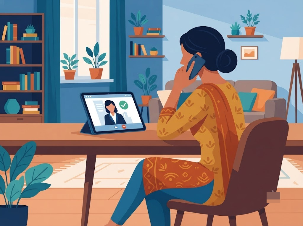 Indian woman on a remote call with a verified debt counsellor from home