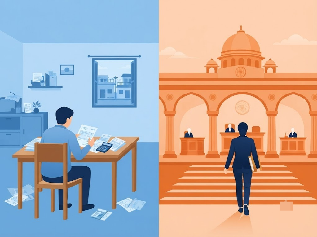 Split illustration comparing insolvency situation and bankruptcy legal process