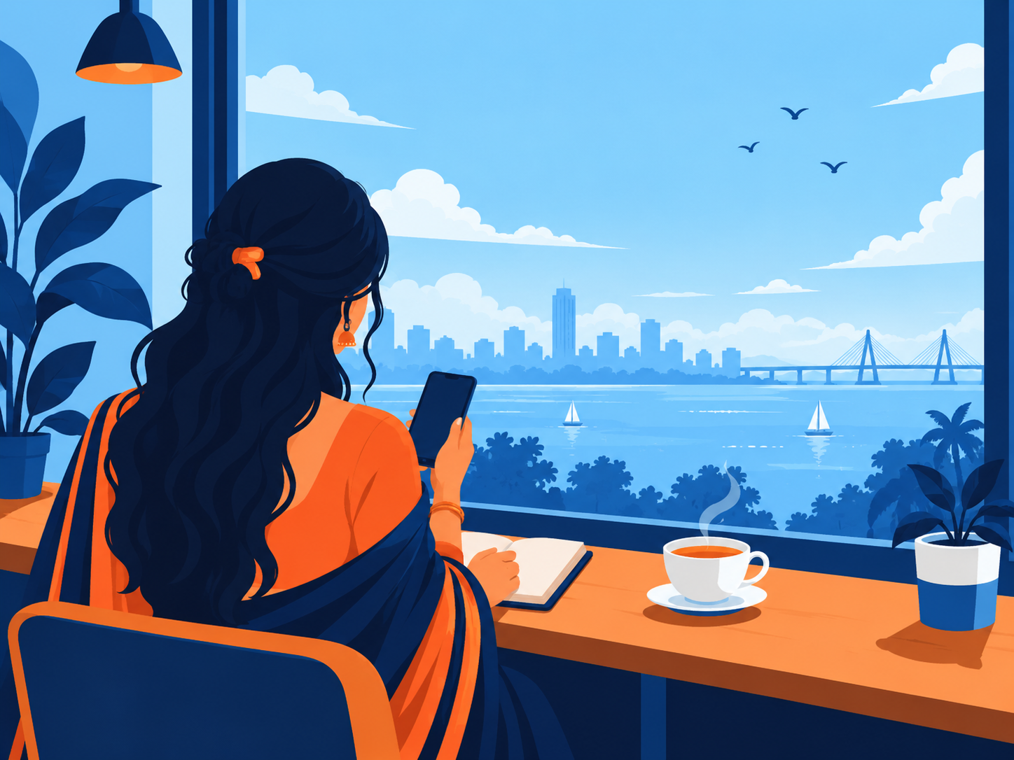 Indian woman at a cafe window seat checking her phone and notes while reading about KreditBee loan settlement