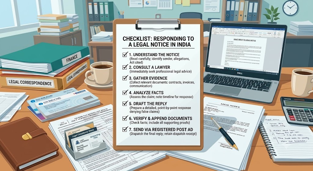 Checklist of steps to respond to a legal notice, Indian financial documents on desk
