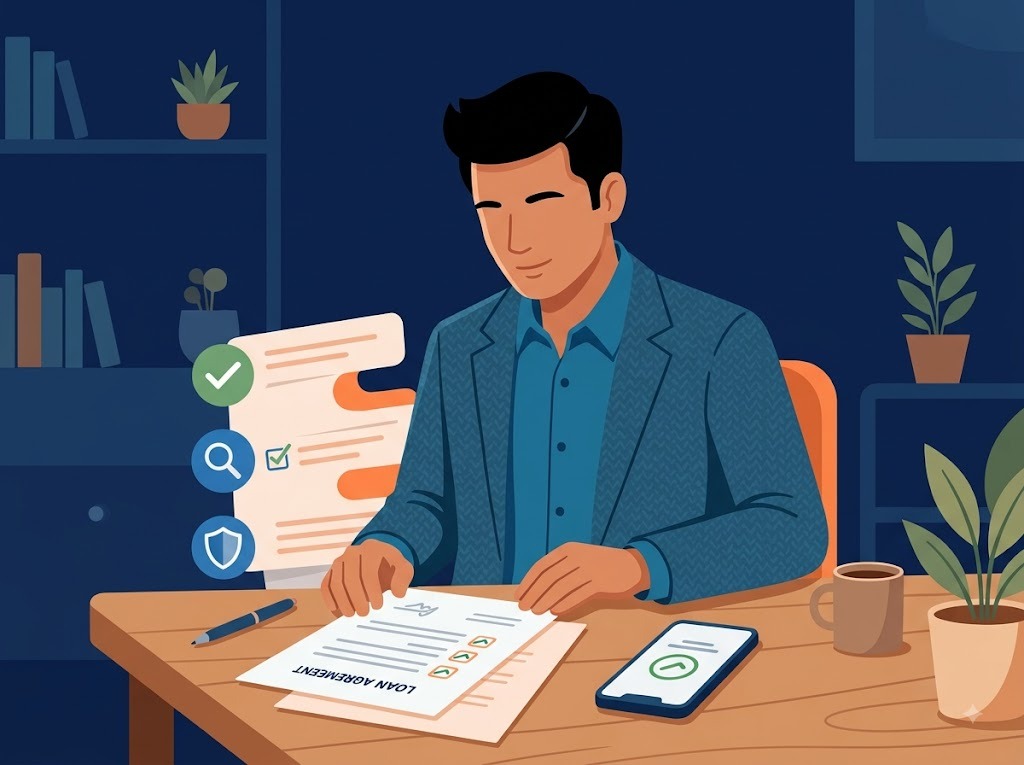 Indian professional reviewing a loan agreement checklist before signing with a debt consolidation company