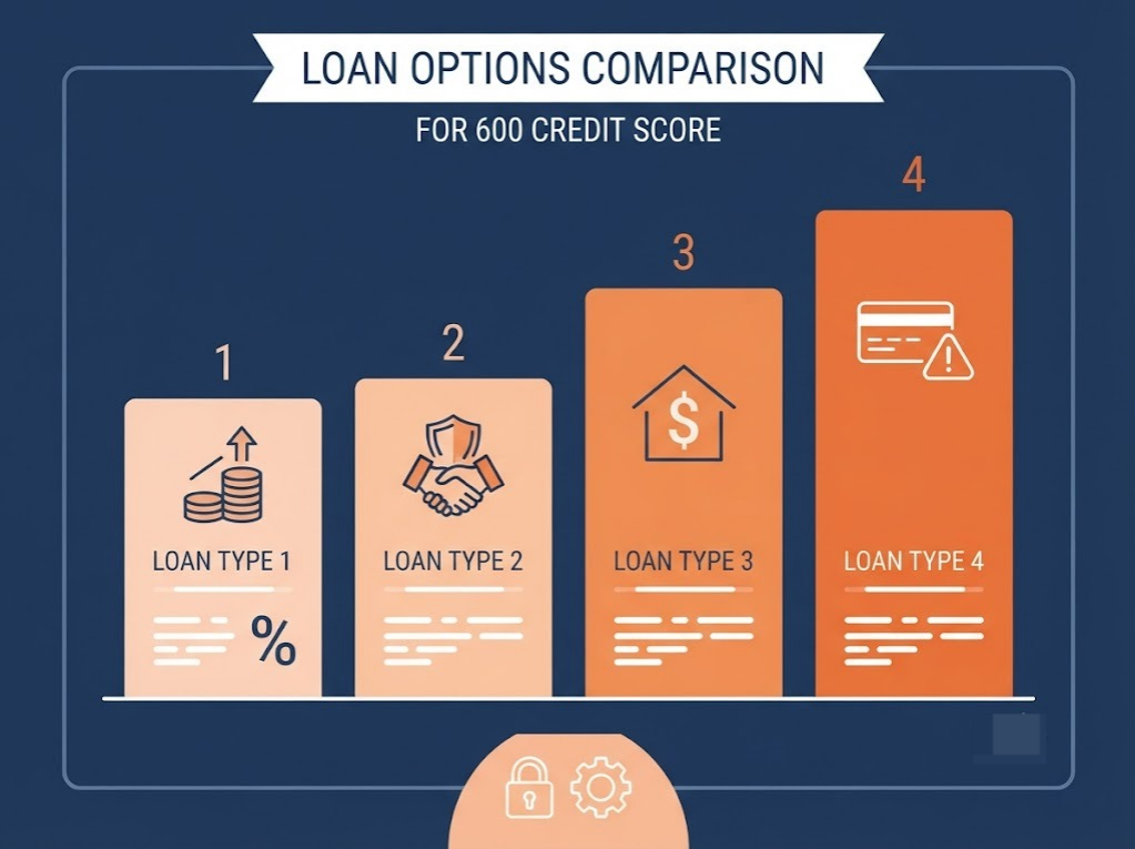 Four-option comparison graphic showing loan types for 600 credit score