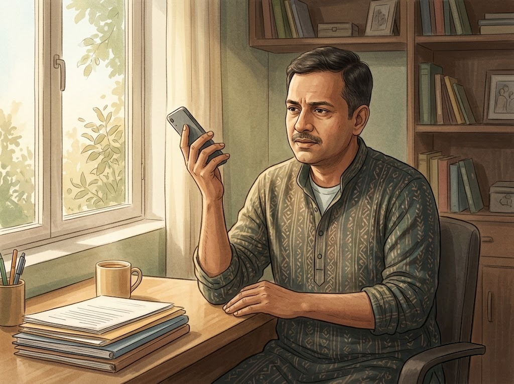 Illustration of a worried borrower looking at a mobile phone after receiving a loan recovery call, representing recovery harassment and borrower rights in India.
