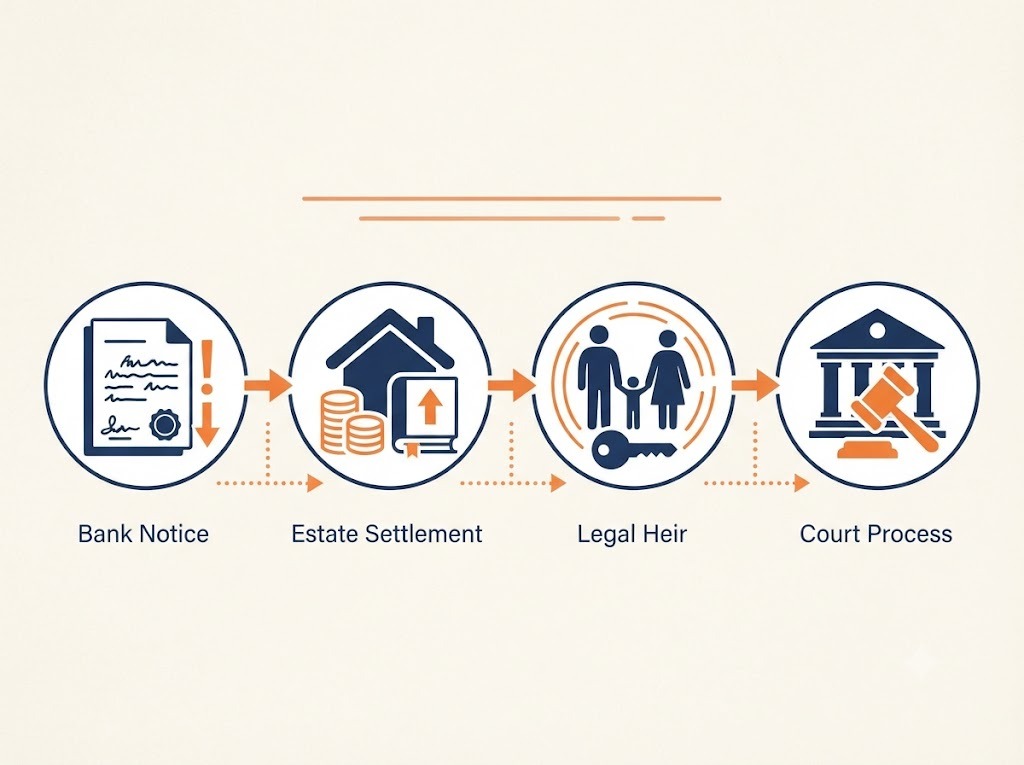 Step-by-step icons showing bank notice, estate check, legal heir, court process for loan recovery