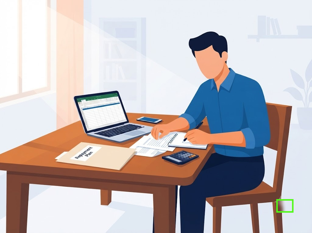 Indian borrower reviewing loan repayment documents at home while creating a repayment plan to manage debt responsibly and avoid loan default.