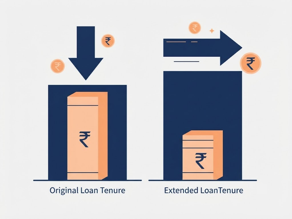 Illustration showing loan restructuring lowering monthly EMI but extending repayment time