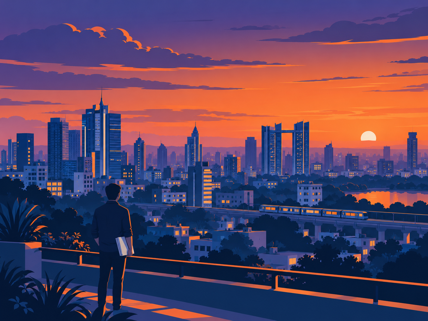 Indian professional holding a folder of loan papers on a balcony, looking over the Bengaluru skyline at dusk