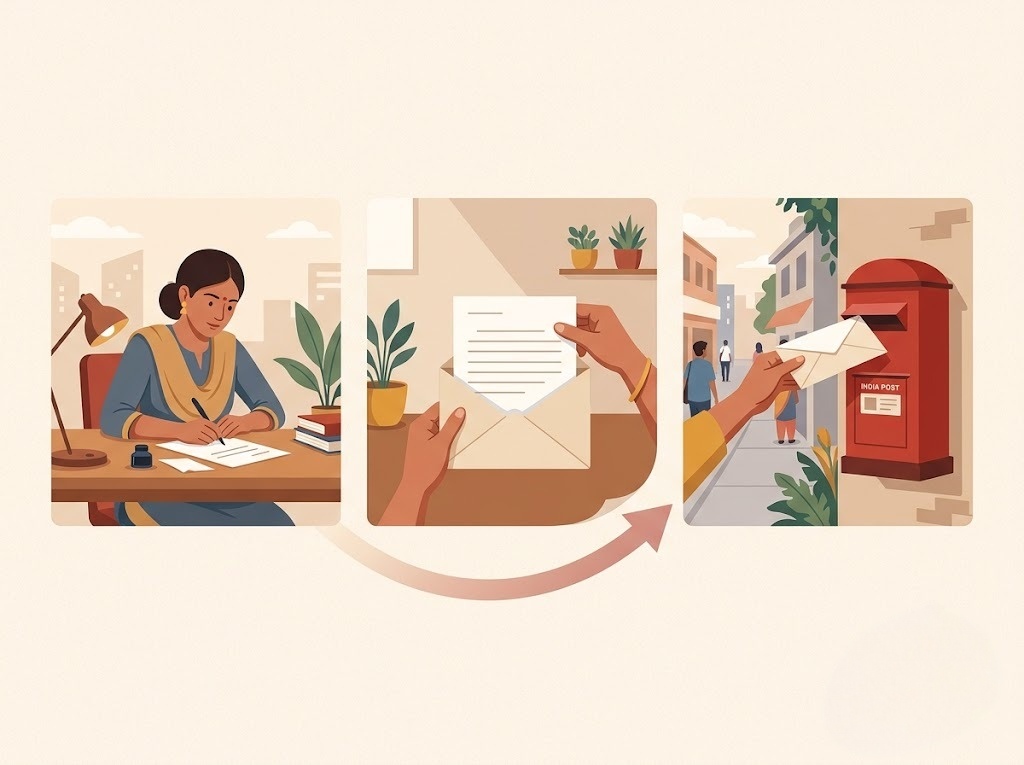 Illustration showing a borrower writing a loan settlement complaint letter, placing it in an envelope, and posting it in an India Post mailbox.