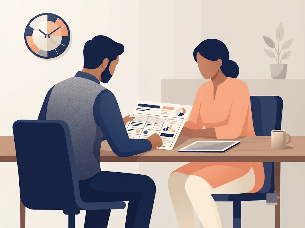 Indian borrower reviewing a printed credit report with a counsellor