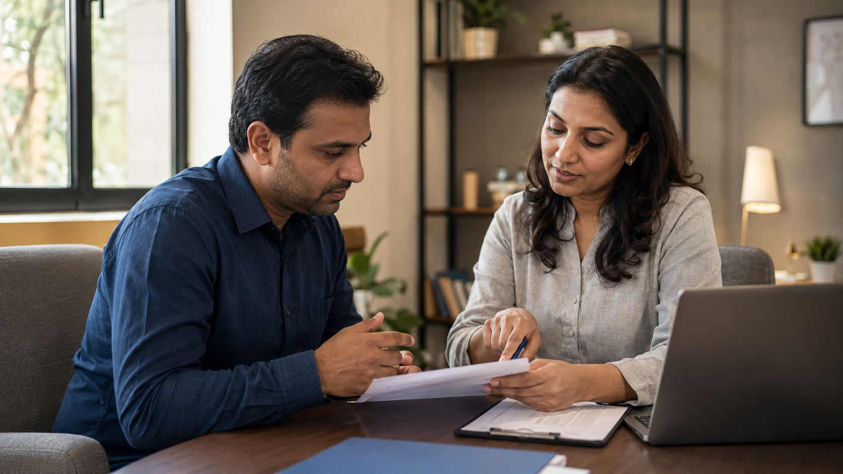 Indian man consulting a professional counsellor in a warm office, reviewing loan settlement documents together in a calm and trustworthy setting.