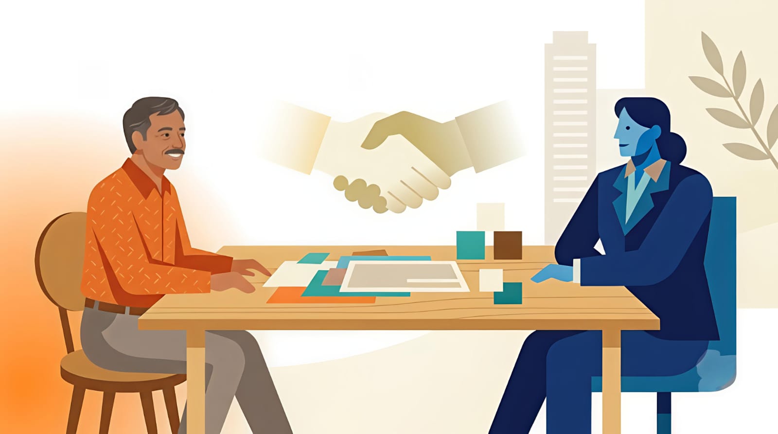 Illustration of a borrower discussing loan settlement documents with a bank officer, representing a successful debt settlement negotiation.