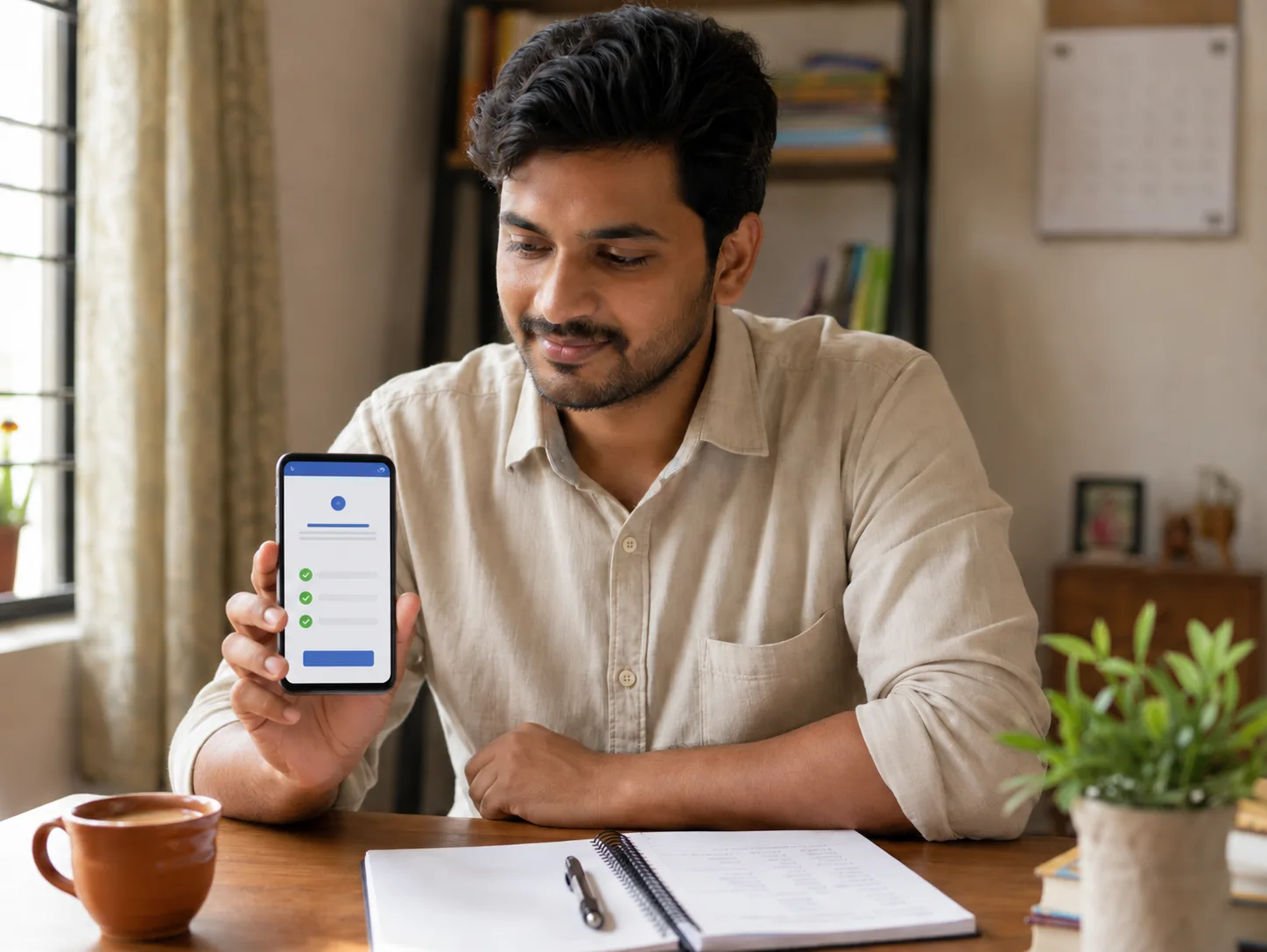 Indian man checking CIBIL score on phone with loan app on screen, low CIBIL score concept