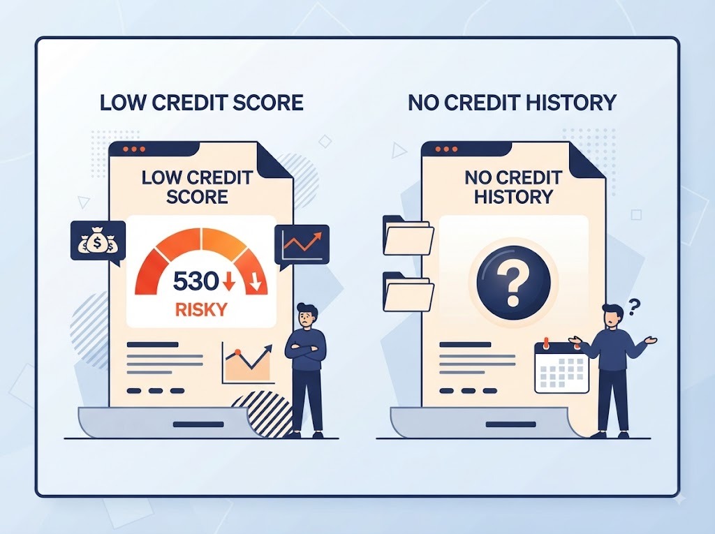 Illustration comparing a low credit score to no credit history