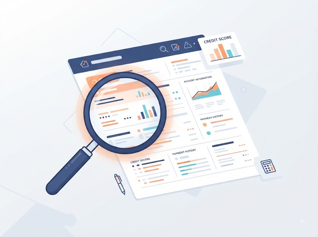 Illustration of magnifying glass reviewing sections of a credit report document