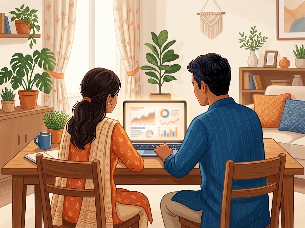 Indian couple reviewing personal loan balance transfer savings calculation together on a laptop, calm home setting, warm light, FREED brand colors