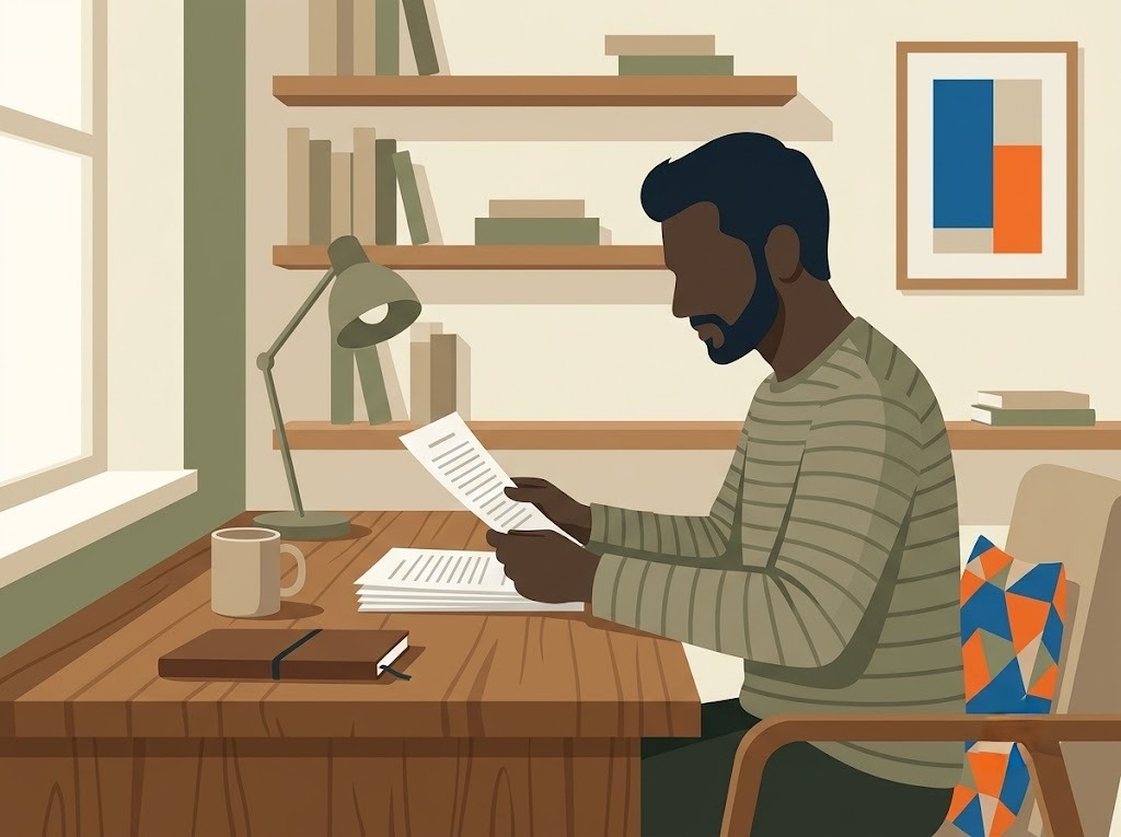 Indian borrower reading an RBI notice about wilful defaulter classification at a desk, calm and serious expression, warm home office setting, FREED brand colors