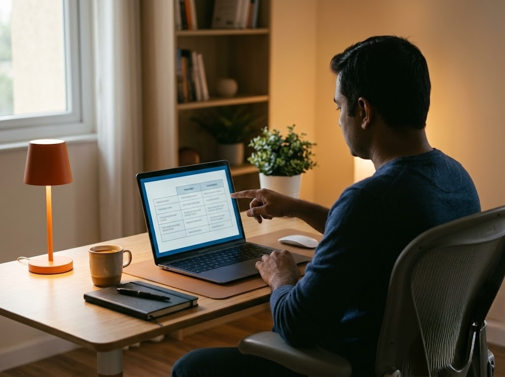 Indian man reviewing a financial comparison chart for EMI moratorium extension options on a laptop, calm home office setting, warm light