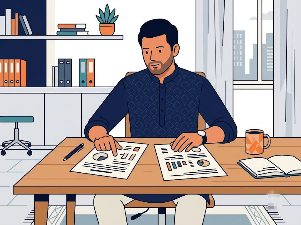 Indian man reviewing two credit card statements side by side