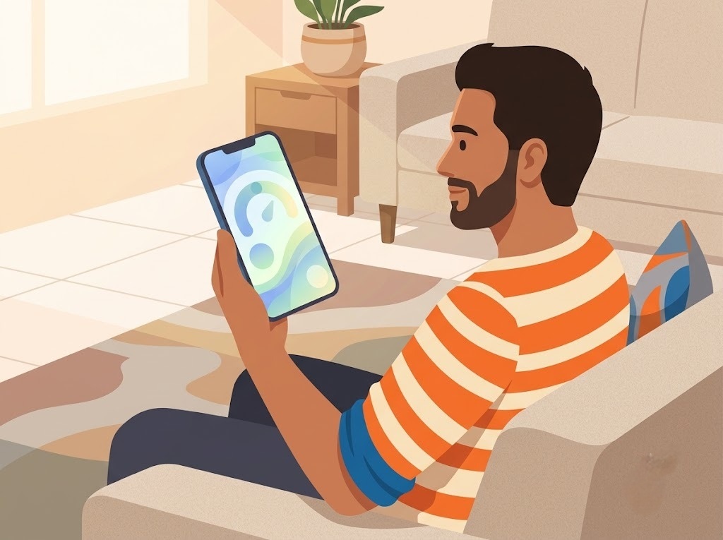 Man sitting on a sofa while viewing a mobile app on a smartphone in a bright and comfortable living room.