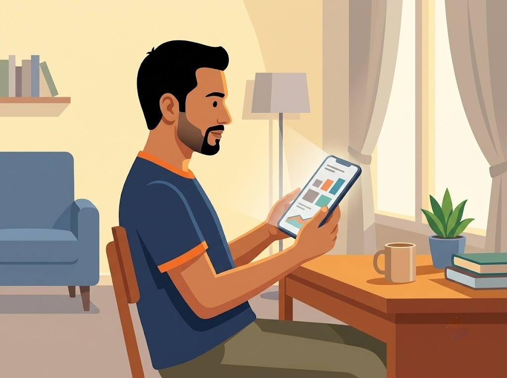 Man holding a smartphone and reviewing dashboard information while sitting at a table with a coffee mug and books nearby.