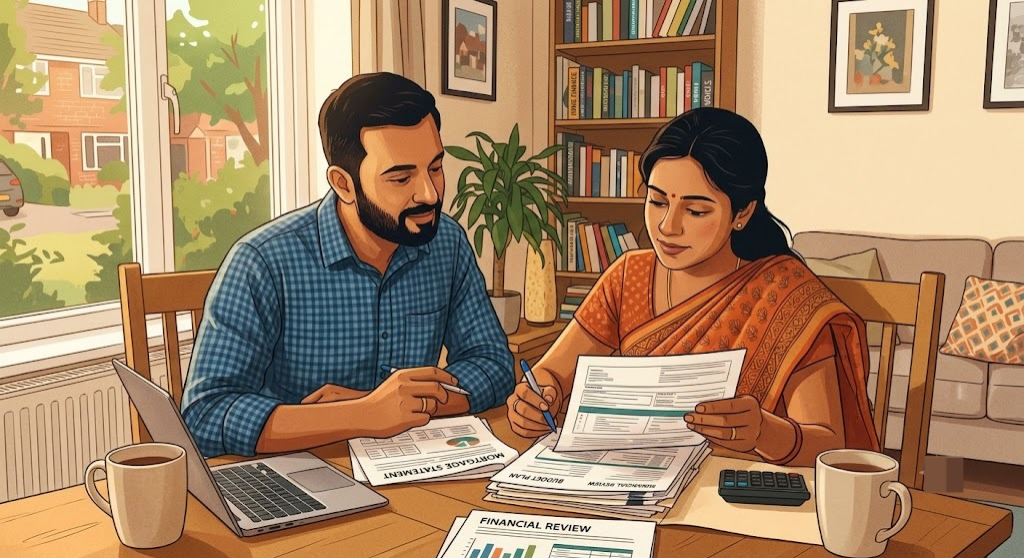 Indian couple reviewing joint debt consolidation loan documents together at home beside a laptop