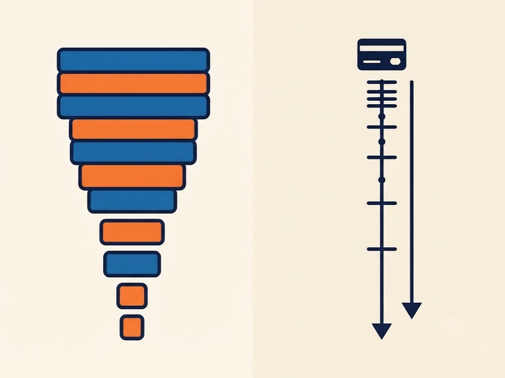 Illustration of a shrinking payment amount stretching out a credit card payoff timeline