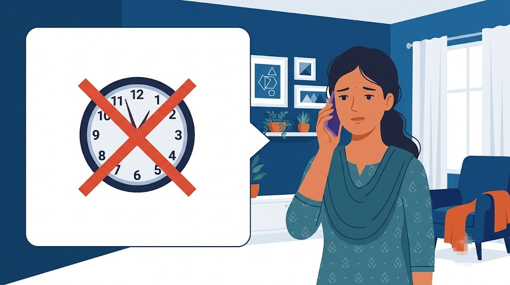 A concerned person talking on the phone with a crossed-out clock icon, representing a missed deadline, delayed response, or expired time limit.