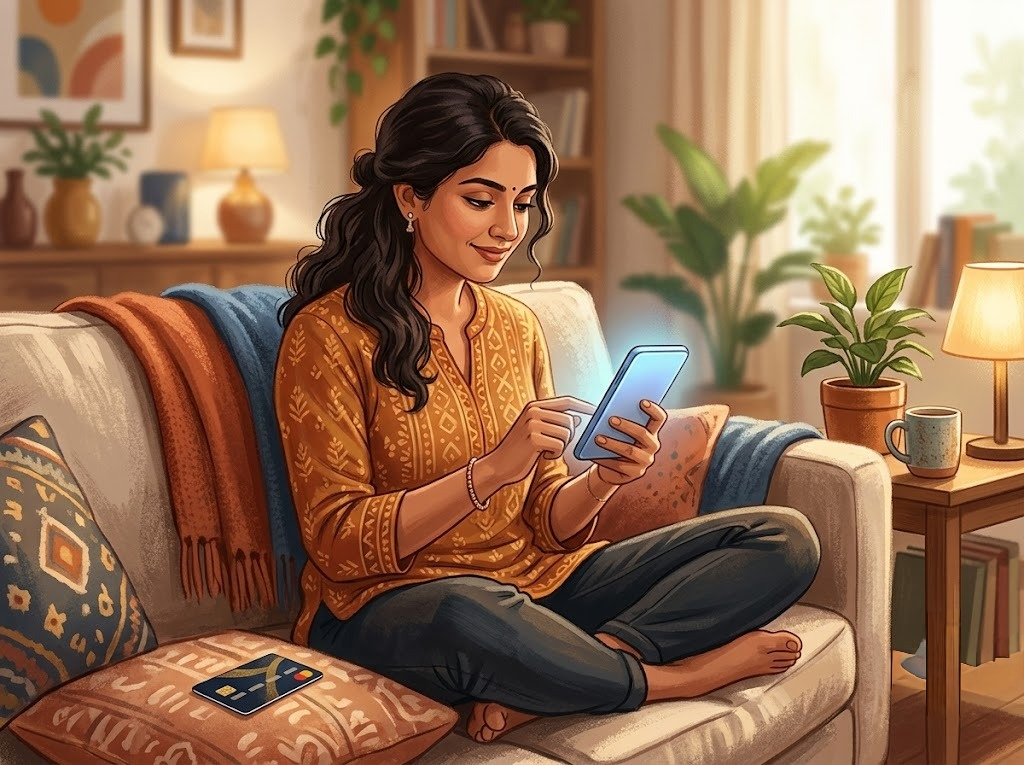 Woman using a mobile banking app from home to manage digital payments, track a loan application, and access online financial services.