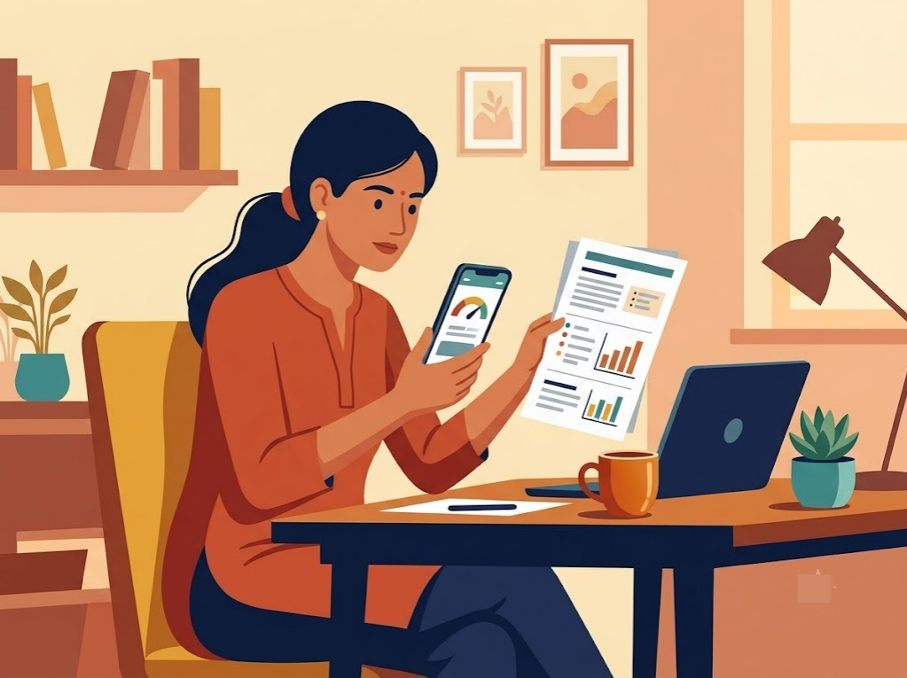 Person comparing a quick mobile score check against a full printed credit report