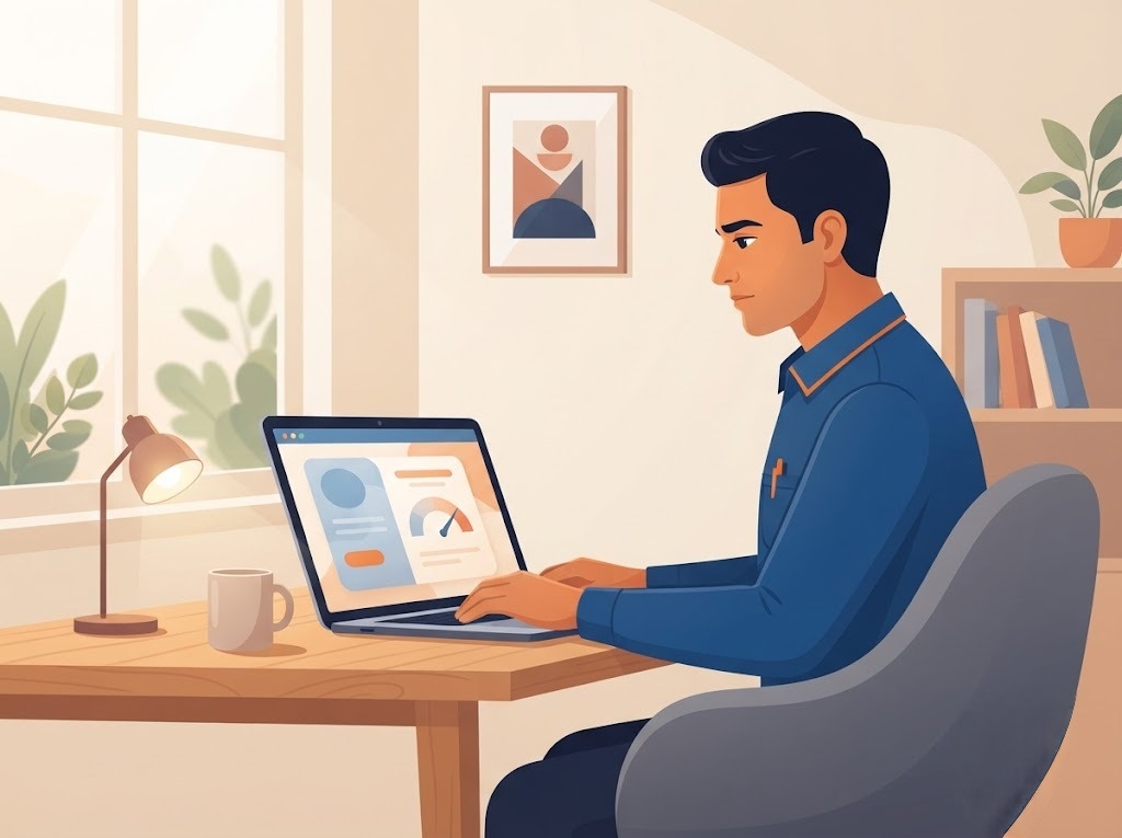 laptop.webp Person reviewing their credit score and financial dashboard on a laptop to improve CIBIL score and loan eligibility in India.