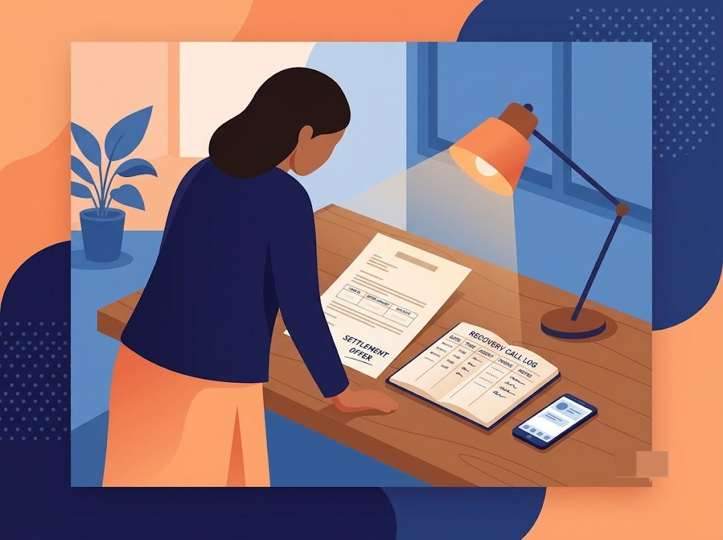 Indian borrower reviewing a written mPokket loan settlement offer and a recovery call log at a table