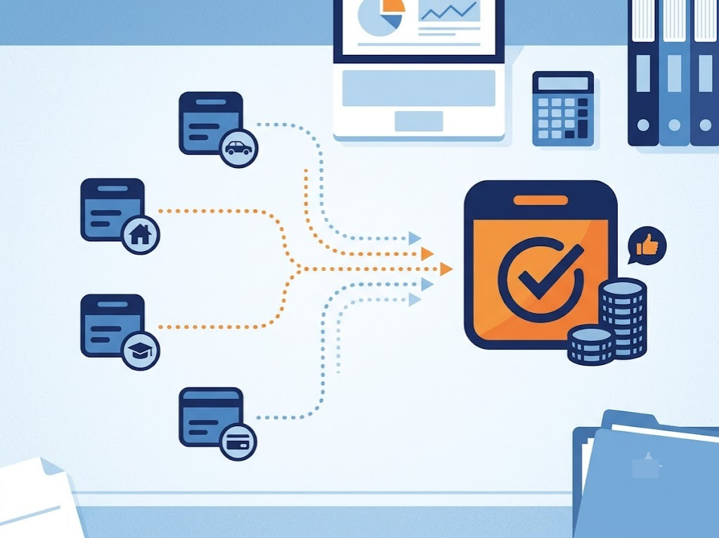 Indian professional reviewing multiple EMIs combined into one manageable payment