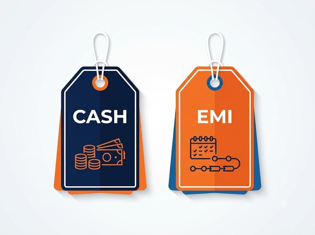 Illustration comparing no-cost EMI total cost to cash price for the same product