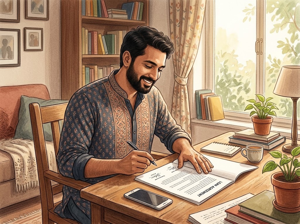 Man signing a loan agreement at home with a smartphone nearby, representing digital document signing, online loan approval, and secure financial onboarding.