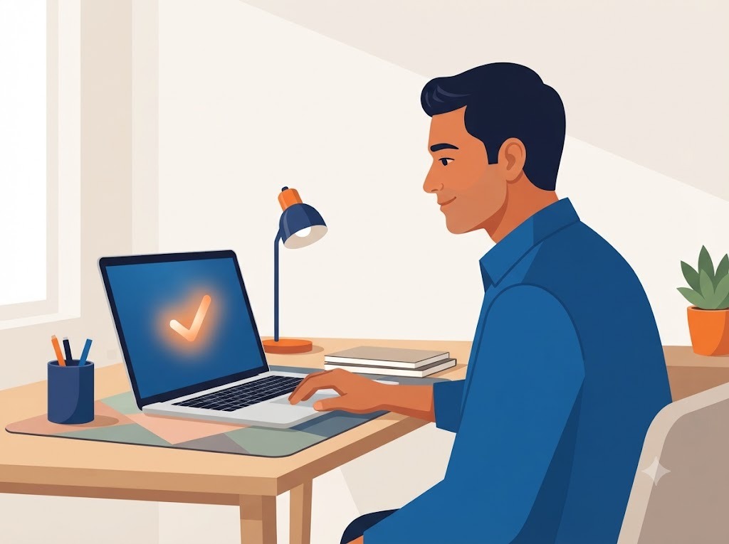 Person completing an online loan application verification process on a laptop with a successful verification checkmark.